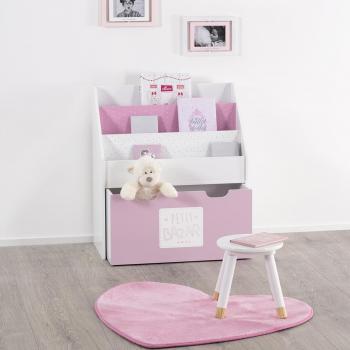 Estantería Infantil con Cajón y Ruedas, 2 Estantes, Almacenamiento Escalonado, Blanco y Rosa, Dimensiones: 62.5 cm