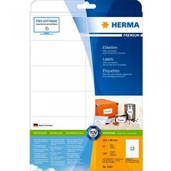 HERMA 4363_ A4, 105 x 48 mm - Pack de 300 Etiquetas, A4, 105 x 48 mm, Color Blanco