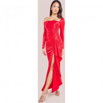 Goddiva Slinky Satin One Shoulder Split Maxi Dress - Red - Size 14 UK