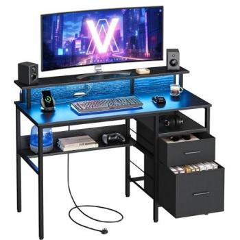 Escritorio Gaming Esquinero 120x55x90 cm con Luces LED, 2 Cajones de Tela, Estante para Monitor y Puertos USB, Negro Ébano