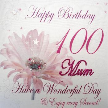 White Cotton Cards wba100-mum Rosa Gerbra, Feliz cumpleaños 100 Mum Have a Wonderful Day Hecho a Mano 100th cumpleaños con Texto en inglés, Blanco