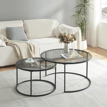 Set de 2 Mesas de Centro Nido Kokkola Redondas Metal/Vidrio Templado Ahumado Ø80x45 cm Negro/Transparente