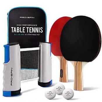 PRO-SPIN Set de Ping Pong Portátil - Kit Premium con Red Retráctil para Cualquier Mesa, Palas, Pelotas de Ping Pong 3 Estrellas y Caja de Almacenamiento - Regalo Ideal - Interior / Exterior