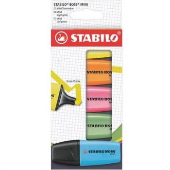 Stabilo Boss Mini Pack de 5 Marcadores Fluorescentes - Trazo entre 2 y 5mm - Tinta con Base de Agua - Antisecado - Colores Surtidos