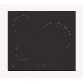 Candy CH63TVT, Placa Vitrocerámica, 3 Zonas, 60CM, 10 Niveles de Potencia, 5,7KW, Biselada, Temporizador, Bloqueo de Seguridad, Indicador de Calor, Alerta Sobrecalentamiento y Derrames, Negro
