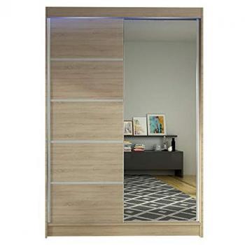 Armario Parys III con puertas correderas y espejo, armario Lino III con barra para ropa, armario atlanta 149 en roble sonoma de 200x120x58cm con puertas correderas y 5