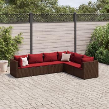 6-Piece Brown Poly Rattan Garden Lounge Set with Cushions