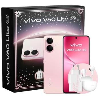 Smartphone Vivo V60 Lite 5G Rosa 6.77 AMOLED 8GB RAM 256GB Bundle con Auriculares Noise Cancelling y Cargador Rápido 90W