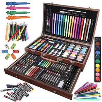 Zezirdas 123 Piezas Set de Pintura, Caja de Madera Elegante - Lápices de colores, lápices HB, pasteles al óleo, borradores, sacapuntas, marcadores, acuarelas etc Perfecto para niños, principiantes