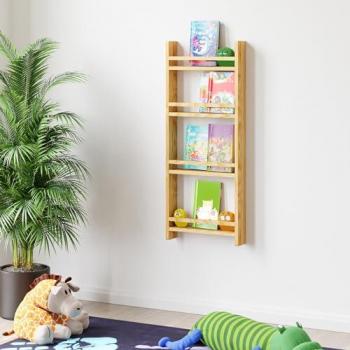 Estantería de pared Miehikkälä de 4 niveles con barra de seguridad en madera de pino natural 100x44x9 cm