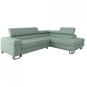 Sofá rinconero Comfivo 247 turquesa con función de descanso y caja de ropa de cama, dimensiones 271 x 71 x 203 cm