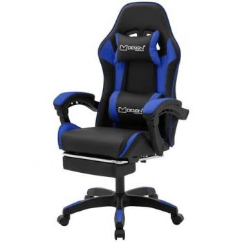 Silla Gaming Ergonómica Azul con Reposabrazos, Reposacabezas, Cojín Lumbar y Reposapiés - Sillón Giratorio de Imitación Cuero para Oficina y Videojuegos