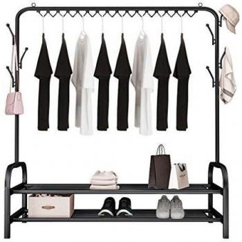 YOOKEA Percheros Burro Metálico con Barra Superior con 7 Ganchos, Percheros de pie Multifuncional para Ropa y Zapatos, Carga Máxima 60 kg, 148 X 120 X 34 cm, Negro