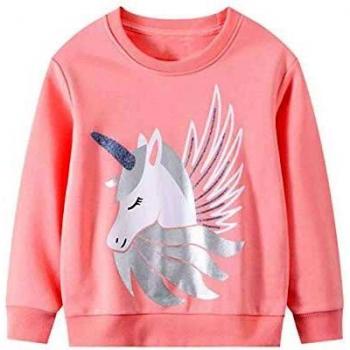 JinBei Sudadera Niña Camiseta Ropa Lentejuelas Manga Larga Invierno Cuello Redondo Jersey Rosado Caballo Impresión de Unicornio Pull-Over con Algodón Casual Top 5-6 años