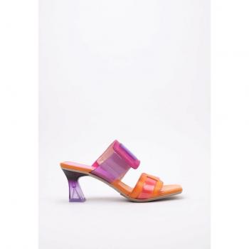 Sandalia Mule Hispanitas de Piel y Vinilo con Tacón Traslúcido de 6.5cm en colores lila y naranja, modelo CHV232634, talla 37