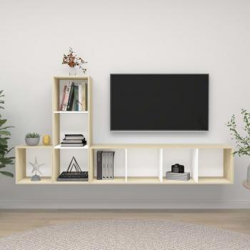 Soporte de TV Set 3 PCs Blanco y Roble Sonoma en Aglomerado