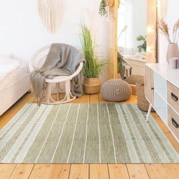 Alfombra de salón o dormitorio TERRA COTTON 100% algodón étnica con raya exterior 120 x 170 cm Blanco/Marrón arena