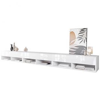 Mesa de TV Sarasota 144 LED Blanco Brillante, 300x30x33cm, con 3 Puertas y Opción de Iluminación