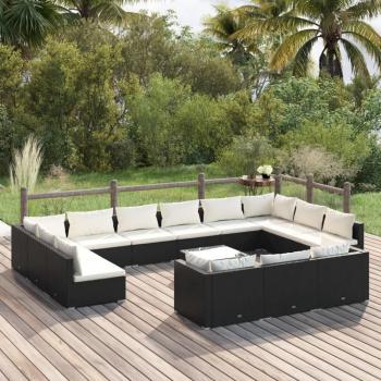 14-Piece Black Poly Rattan Garden Lounge Set with Cushions