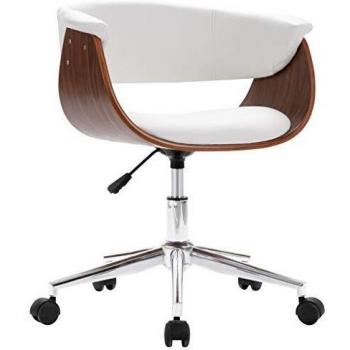 Silla de Oficina Giratoria con Respaldo de Madera Curvada y Asiento de Cuero Sintético Blanco