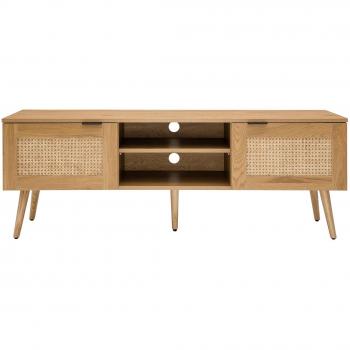 Mueble TV de madera clara, mimbre y metal negro con 2 puertas 140 cm MANILLE