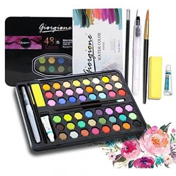 Supoggy Juego de pintura de acuarela con pincel de mezcla de agua, regalo de dibujo de artista de 48 colores, colores vibrantes y no tóxicos, para estudiantes, niños, principiantes