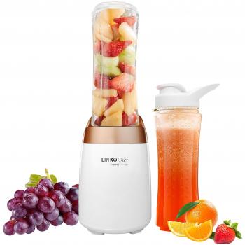 Batidora de vaso LINKChef Batidora de portátil, 300W con 2 Botellas Portátiles sin BPA 500ml, licuadoras batidora, Mix & Go cool, Blanco/Oro
