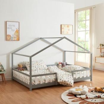 Cama para niños Treviolo forma de casa con protección contra caídas 120x200 cm - Gris