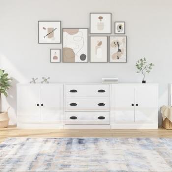 Aparador de Madera Contrachapada VidaXL, 3 Piezas, Mueble de Almacenaje para Salón, Buffet Blanco Brillo, Armario Auxiliar y de Almacenamiento