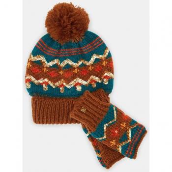 Set de gorro y mitones de punto marrón con detalles multicolor Tintoretto