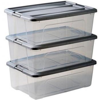 Amazon Basics, Juego de 3 cajas de almacenamiento, 30 L, con cierre a presión, apilable, sala de estar, dormitorio, garaje - New Top Box NTB-30 - Gris / Transparente