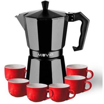 Cafetera de Aluminio Muvip MV0607 - 6 Tazas - Mango Ergonómico - Antiadherente - Compatible con Cocinas Eléctricas, Vitrocerámicas y de Gas - Color Negro Mate