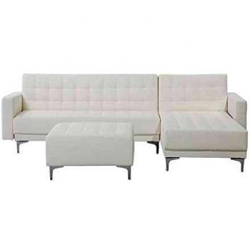 Sofá esquinero 4 plazas de piel sintética blanco plateado izquierdo con otomana chaise longue Aberdeen
