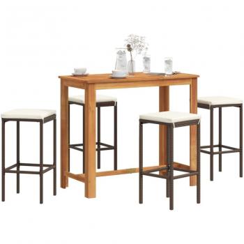 5 Piece Brown Acacia Wood and Poly Rattan Garden Bar Set