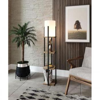 Lámpara de pie con estanterías integradas Ulkoda 135cm Madera Natural y Negra con Tela Blanca