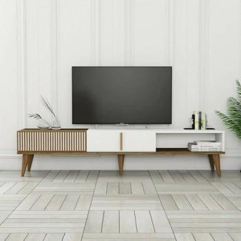 Mueble de Televisión Aquila, Aparador Bajo para Salón, Base de Pared 180x35h40 cm, Nogal y Blanco