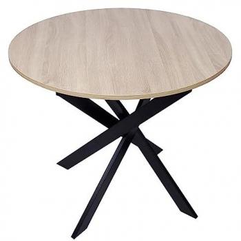 Mesa Comedor Fija Redonda Modelo Zen, Color Roble, Patas Metálicas Negras, Ø90x90x77cm, Capacidad para 4 Personas