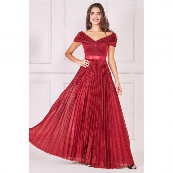 Goddiva Bardot Pleated Skirt Maxi Dress - Wine