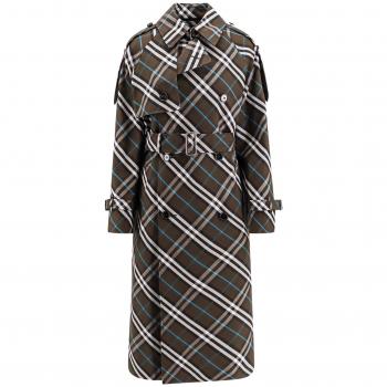 Burberry Check Pattern Trench Coat Green Female Size: 2XS