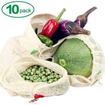 Winload Bolsas de Vegetales Reutilizables, 10 Piezas Olsas de Frutas y Vegetales de Algodón, Bolsas Ecologicas para la Compra Verduras, Bolsas de Comida con Tara Tag, Bolsas de Malla Transpirables