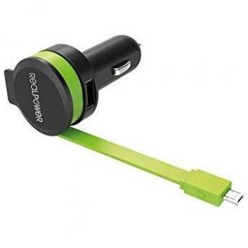 Cargador de auto RealPower 257635 con cable MicroUSB integrado, 2400 mA, negro y verde