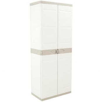 Armario de resina con escobero, 4 estantes, 3 puertas, color Titanium Beige, dimensiones 105x44x176 cm
