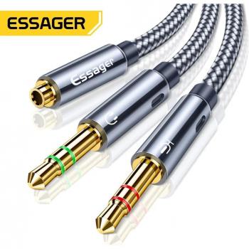 Adaptador Divisor de Auriculares Essager 3.5mm Hembra a 2 Machos con Micrófono, Cable Aux de 25CM Gris