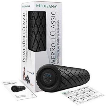 Medisana PowerRoll Rollo de fascia para columna vertebral, espalda, piernas, para ejercicios de fascia con plan de entrenamiento, tensión, yoga con función de vibración, 8 intensidades