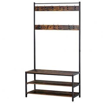 HOMCOM Perchero con Zapatero Perchero con 12 Ganchos Banco de 3 Estantes de Estilo Industrial Estructura Metálica 100x40x184 cm Marrón Rústico y Negro
