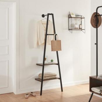 Perchero burro de pared Bjørnafjorden con 2 estantes y barra de acero, 174x56x40 cm - Negro/Nogal