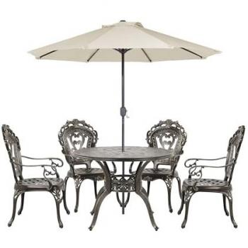 Conjunto de comedor exterior vintage 4 plazas con mesa redonda de aluminio marrón y sombrilla