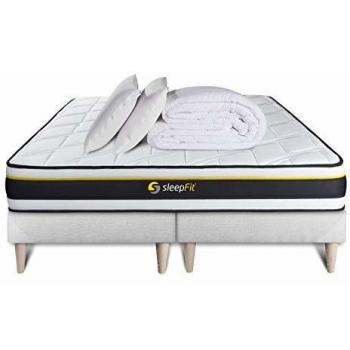 Pack Doble Sommier 80x200 + Colchón Soft 160x200 + 2 Almohadas de Memoria + Edredón Percale - Confort Muy Firme - Espesor: 19 cm