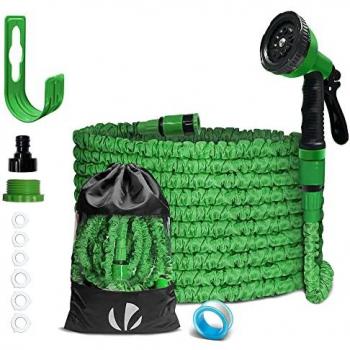 Manguera de Jardín Extensible 15 Metros con Pistola Rociadora de 10 Funciones y Accesorios, Verde