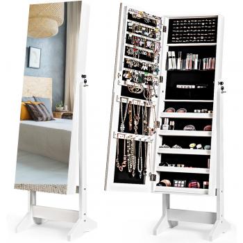 Armario para Joyas con Espejo de Cuerpo Entero, Joyero Vertical 2 en 1, 120 Espacios para Pendientes, Organizador con Llave, 4 Ángulos Regulables, Color Blanco, Dim